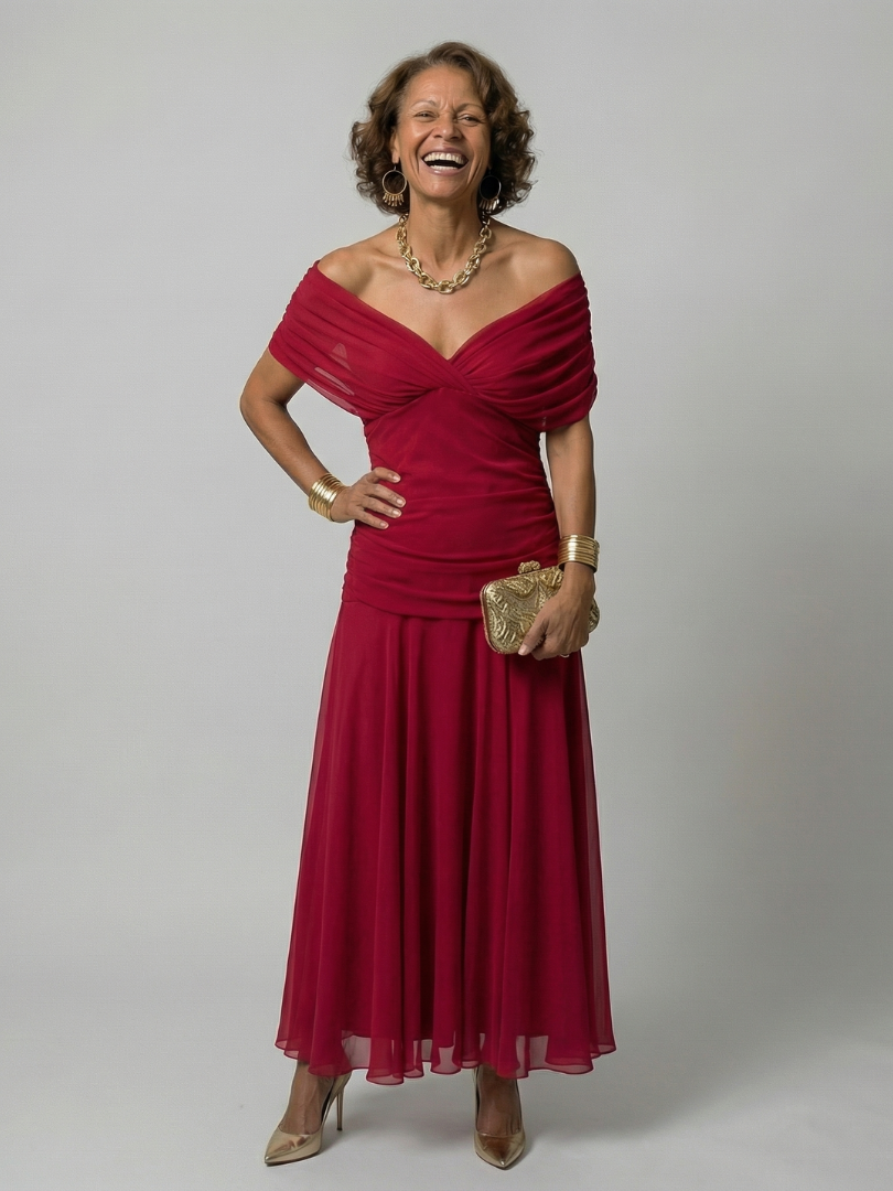 Calena™ | Vestido Midi Off-Shoulder con Escote Drapeado