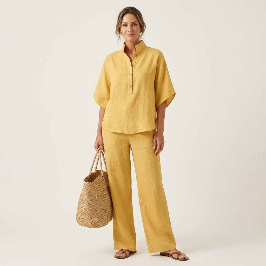 Zenaida™ | Conjunto de Lino con Cuello Mao