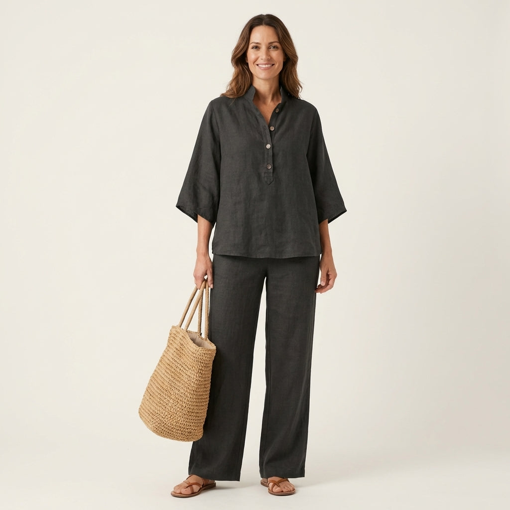 Zenaida™ | Conjunto de Lino con Cuello Mao