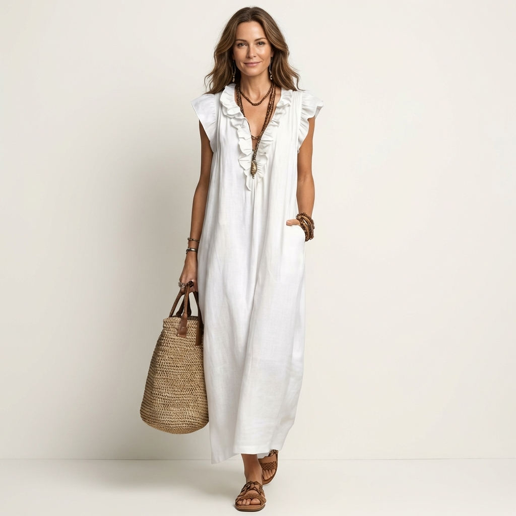 Josefina™ | Vestido de Lino con Volante en el Escote