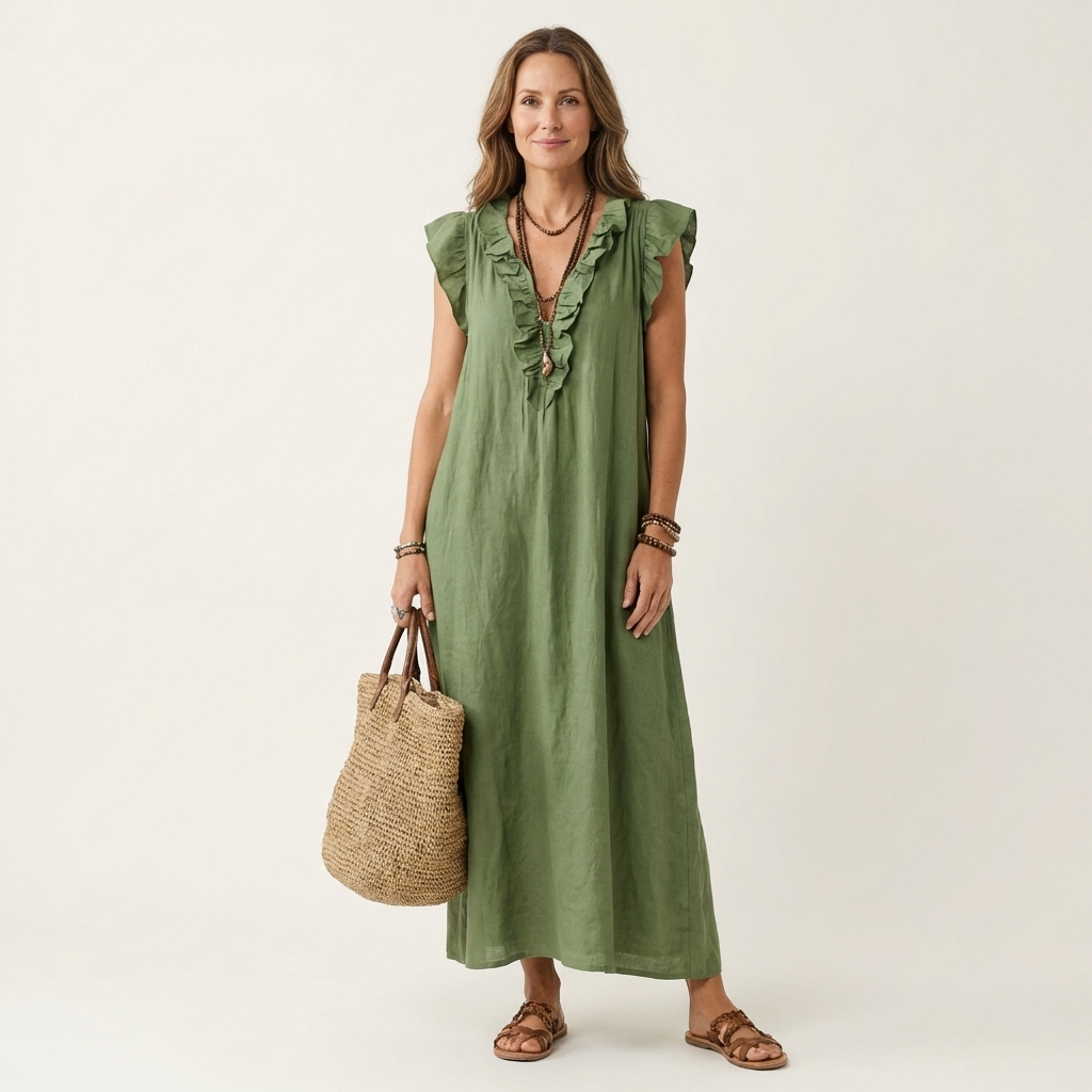 Josefina™ | Vestido de Lino con Volante en el Escote