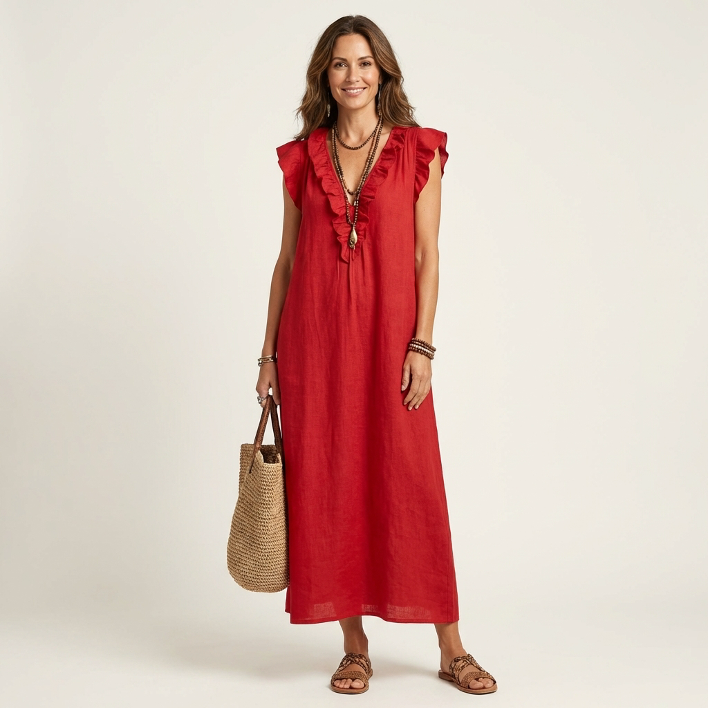 Josefina™ | Vestido de Lino con Volante en el Escote