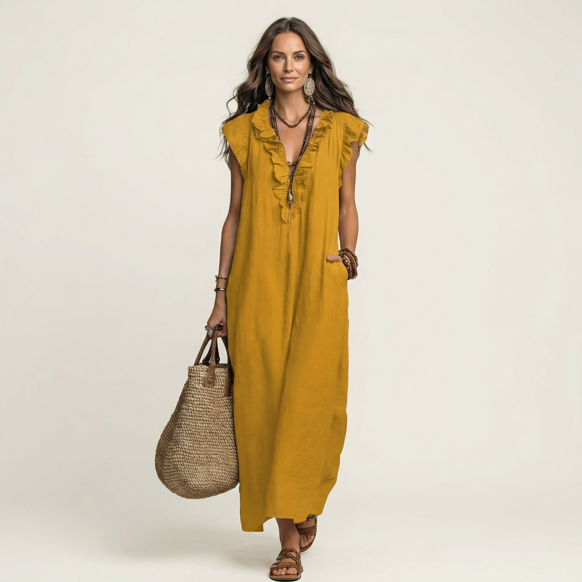 Josefina™ | Vestido de Lino con Volante en el Escote