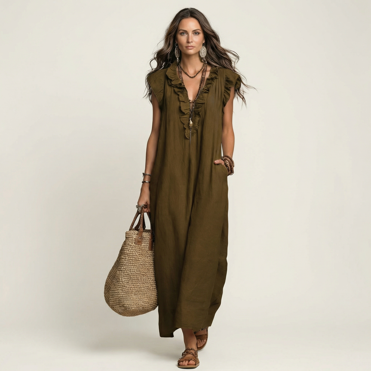 Josefina™ | Vestido de Lino con Volante en el Escote