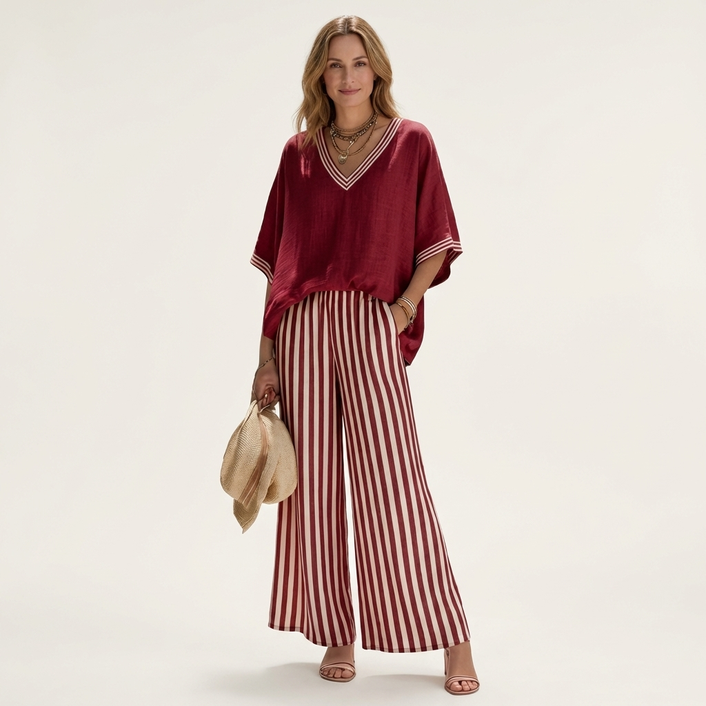Julieta™ | Conjunto de Top con Ribete y Pantalón de Rayas
