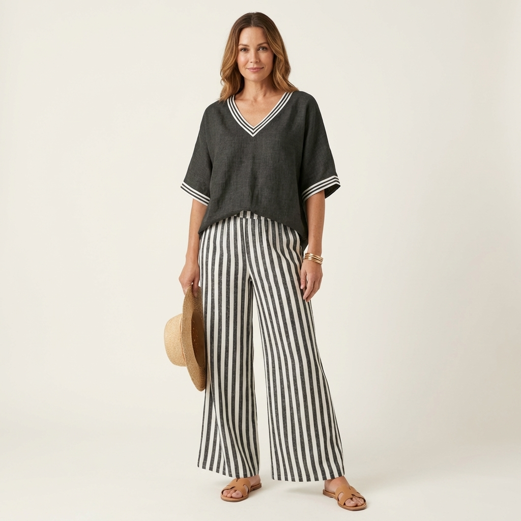Julieta™ | Conjunto de Top con Ribete y Pantalón de Rayas