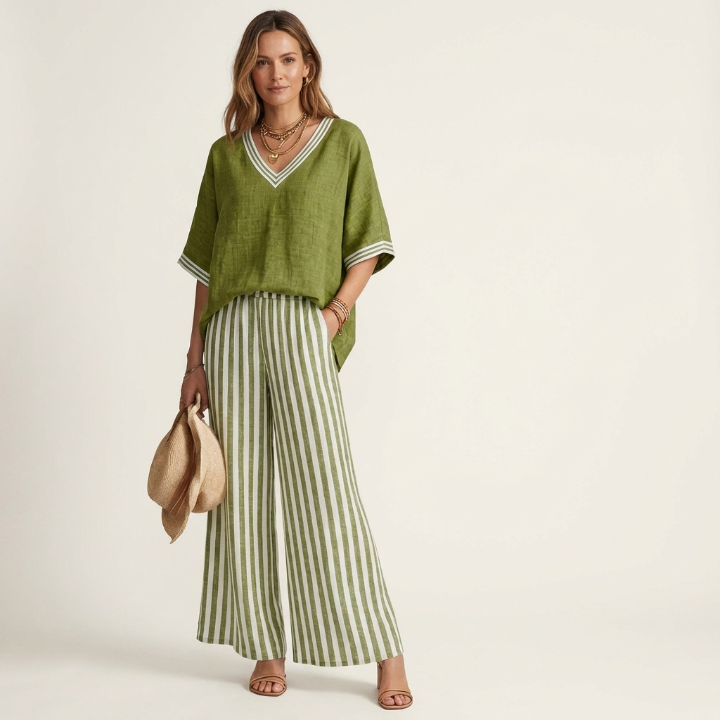 Julieta™ | Conjunto de Top con Ribete y Pantalón de Rayas