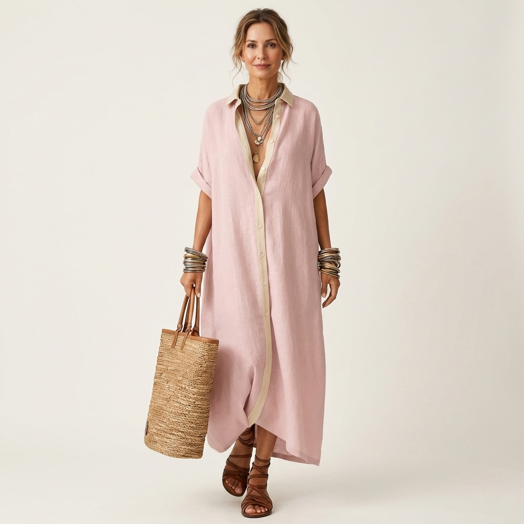 Sagrario™ | Vestido Camisero Largo con Cuello en Contraste
