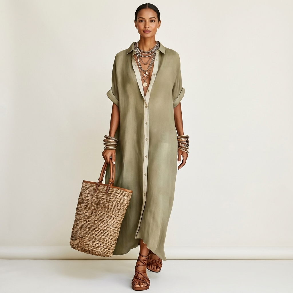 Sagrario™ | Vestido Camisero Largo con Cuello en Contraste
