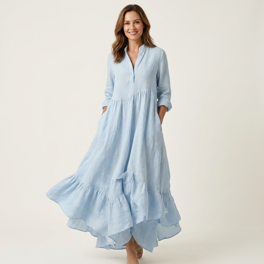 Balbina™ | Vestido Largo con Cuello Mao y Volante Doble