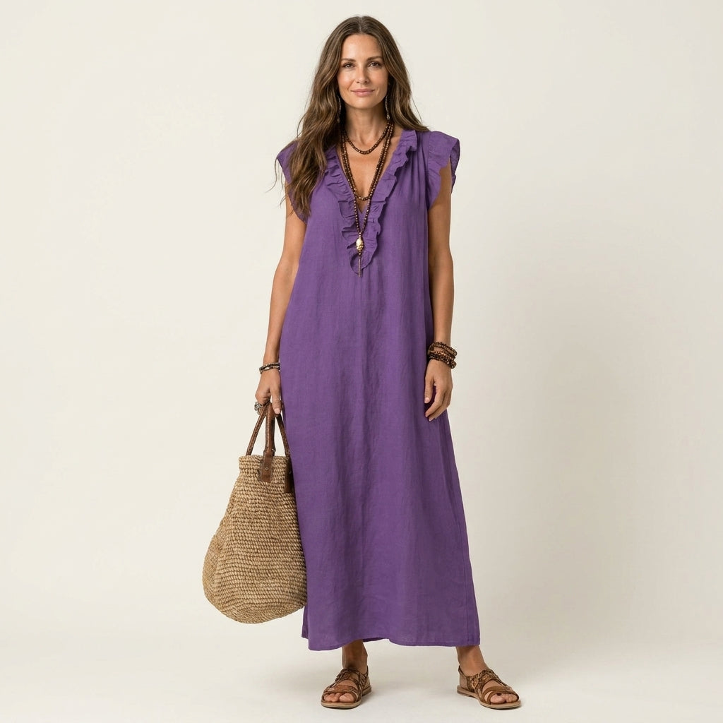 Josefina™ | Vestido de Lino con Volante en el Escote