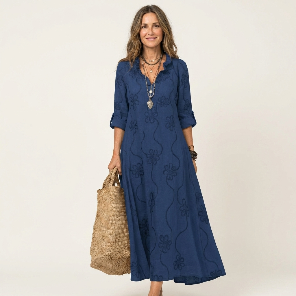 Sabina™ | Vestido Largo de Lino con Bordado Floral