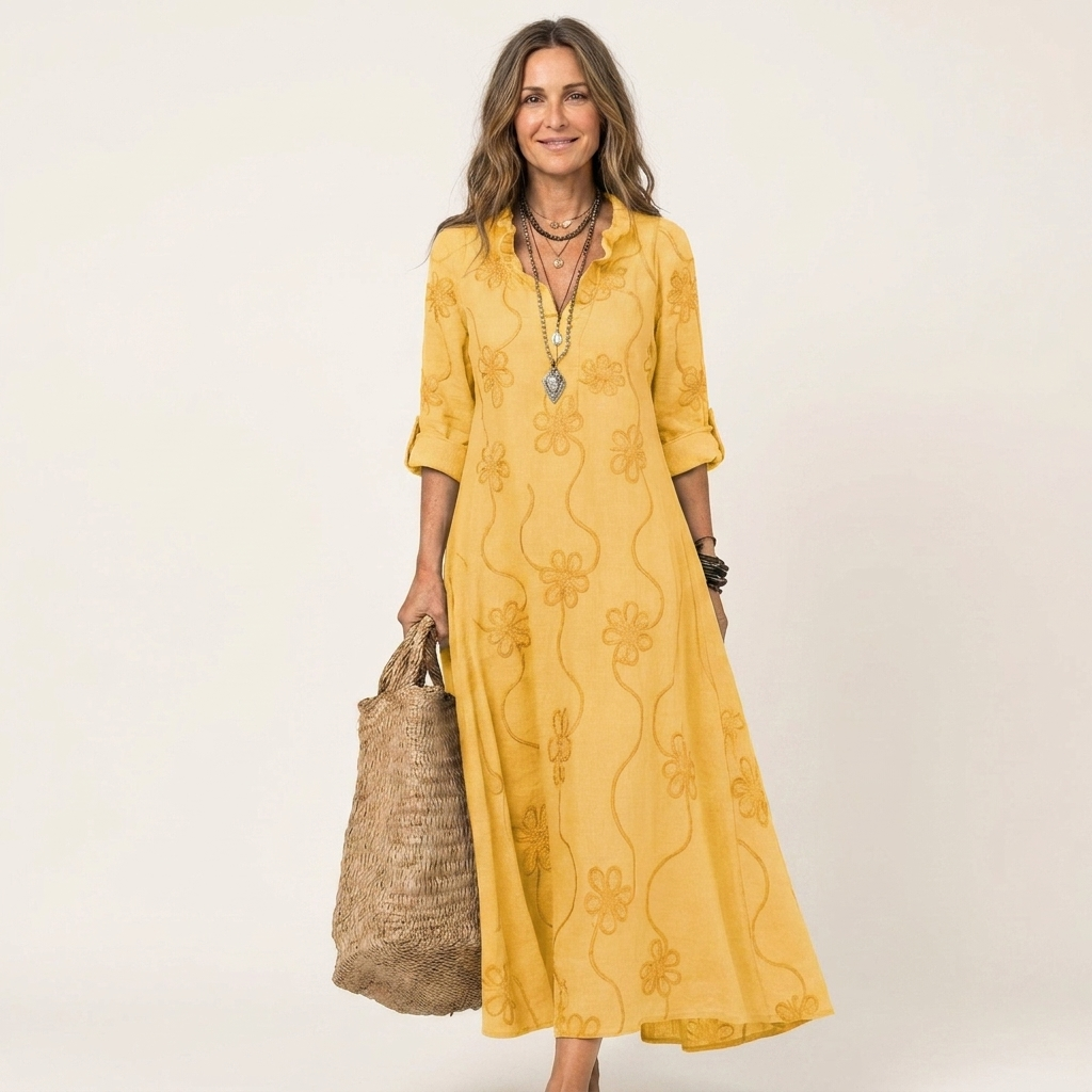Sabina™ | Vestido Largo de Lino con Bordado Floral